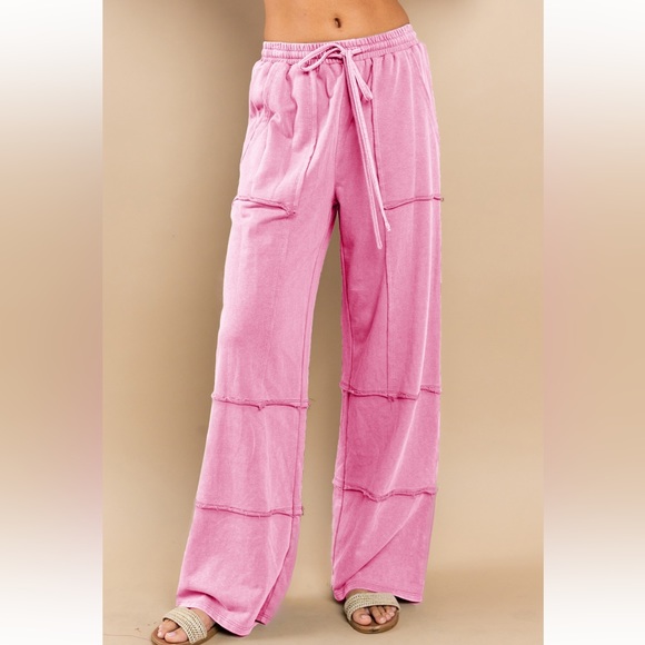 05 Mineral washed french terry fabric tiered wide leg pants - Picture 1 of 5